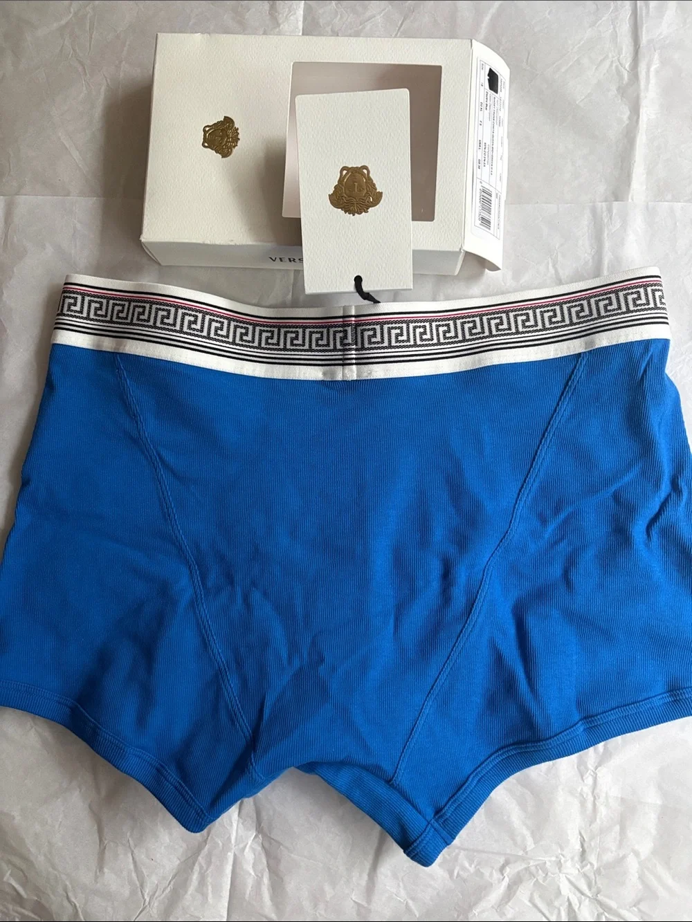 Versace MENS Blue Athletic Shorts with Greek Key Waistband size 6-L brand new